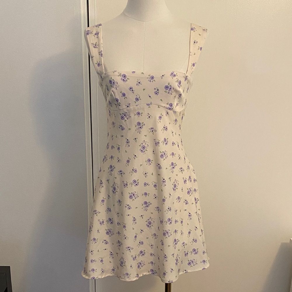 Zara Cream Floral Satin Effect Mini Dress with Back Tie Size XS - Picture 3 of 14